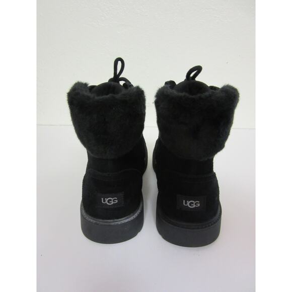 UGG Black Lace Up Combat Hiking Waterproof 6 Faux Fur Ankle Lugged Sole Booties - Picture 4 of 8